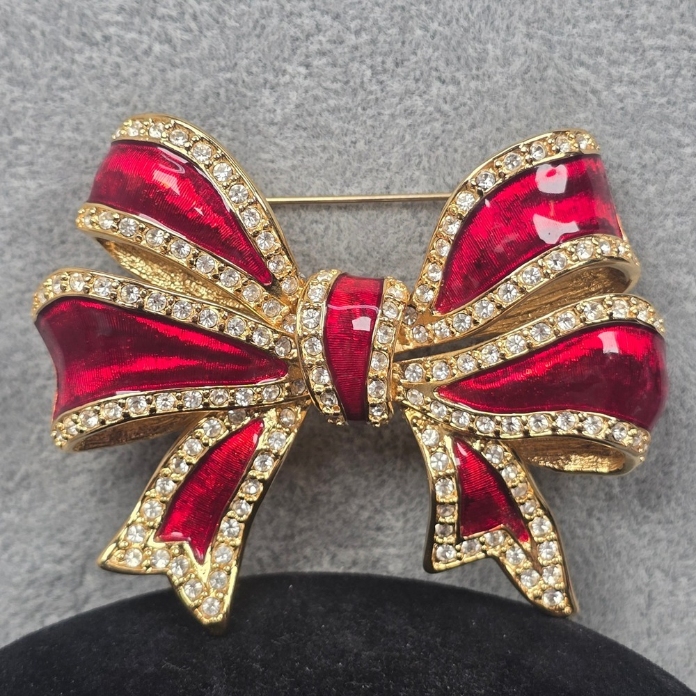 Vintage Joan Rivers Red Enamel Bow White Rhinestone Gold-Tone Holiday Brooch Pin